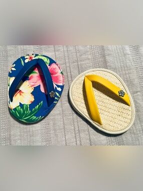 Flip-Style Drink Coasters Set - Blue Floral & Yellow Hawaiian Tropical Beach Fun